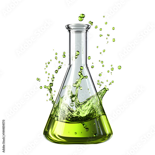 Green liquid splashing in Erlenmeyer flask science experiment