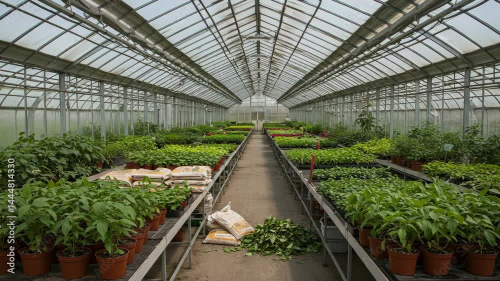Interior View of Greenhouse Filled with Rows of Green Plants Under Glass Roof Interior View of Greenhouse Filled with Rows of Green Plants Under Glass Roof
