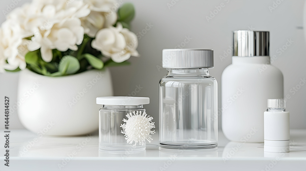 A minimalist still life featuring glass bottles a vase of white flowers and a fluffy white object suggest medication or skincare. Good for website visuals A minimalist still life featuring glass bottles a vase of white flowers and a fluffy white object suggest medication or skincare. Good for website visuals