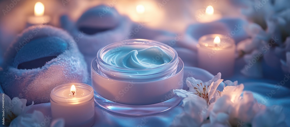 Spa skincare products with candles and flowers