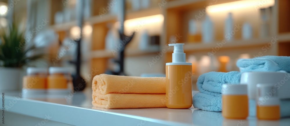 Spa towels and skincare products on a countertop