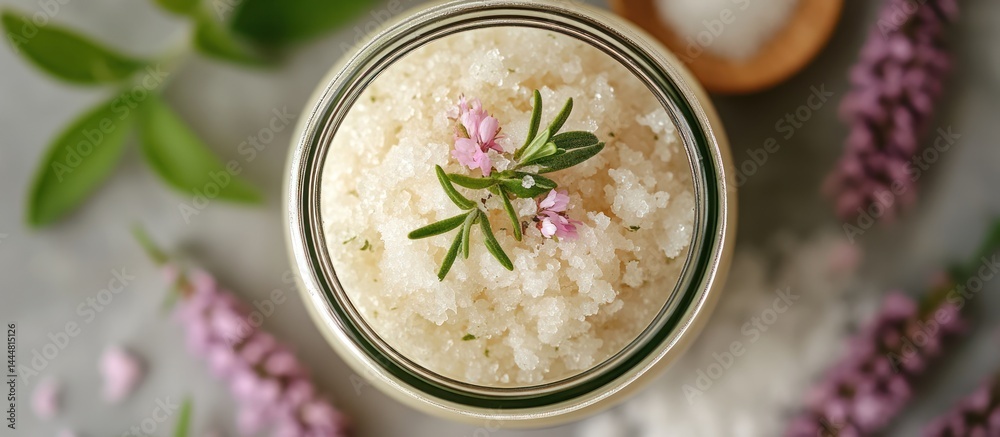 Spa-quality salt scrub in glass jar with herbs