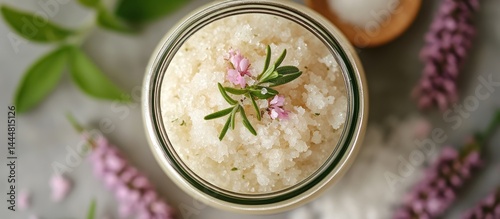 Obraz na płótnie Spa-quality salt scrub in glass jar with herbs w salonie