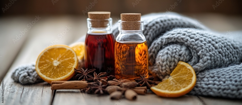 Spiced winter drinks on wooden table with cozy blanket