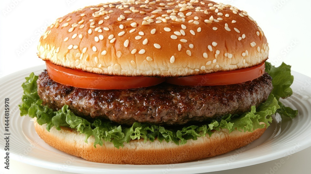 Delicious Beef Burger with Lettuce and Tomato on a Sesame Seed Bun, Perfectly Grilled and Ready for Enjoyment in a Casual Setting Delicious Beef Burger with Lettuce and Tomato on a Sesame Seed Bun, Perfectly Grilled and Ready for Enjoyment in a Casual Setting