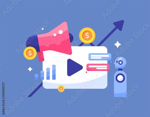 AI and marketing technology concept illustration. using artificial intelligence to manage advertising. developing marketing strategies using robot assistance. flat style design. elements