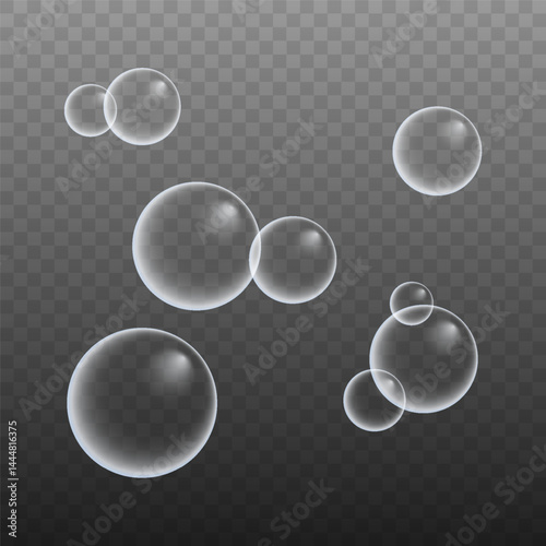 A set of colorful and colorful soap bubbles to create a design. Isolated, transparent, realistic soap bubbles on a transparent background.
