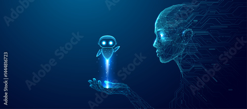 AI agent or assistant concept. An abstract humanoid robot holds a cute digital hologram of futuristic bot on a palm. Artificial Intelligence innovation vector illustration. Blue technology background.
