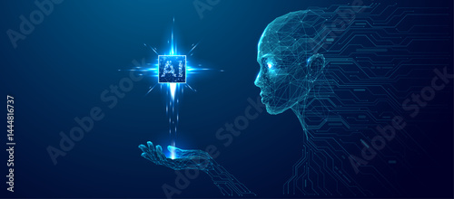 An abstract humanoid robot holds a bright light AI semiconductor on a palm. Science or Artificial Intelligence Innovation concept. Low poly wireframe vector illustration. Blue technology background.