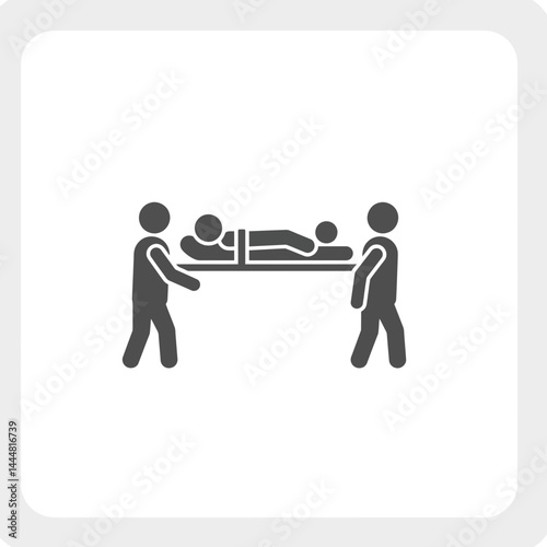 Emergency transport: A minimalist vector illustration depicts a critical medical transport scene, featuring two figures carefully carrying a patient on a stretcher.