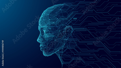 A digital human face consists of connected dots, thin lines, and triangles. The silhouette of a cyborg flows into the wires of circuit in low poly blue. AI concept. Artificial Intelligence background
