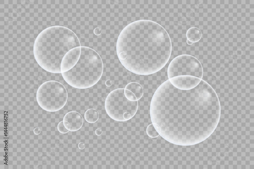 A set of colorful and colorful soap bubbles to create a design. Isolated, transparent, realistic soap bubbles on a transparent background.