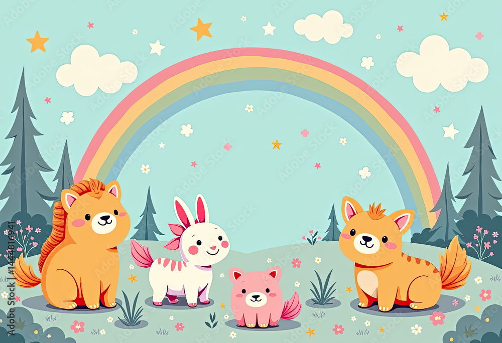 Naklejka premium Soft Pastel Cartoon Illustration for Children, Featuring a Whimsical Landscape with Rainbow, Stars, and Friendly Animals, Perfect for Nursery Art and Gentle Visual Themes 