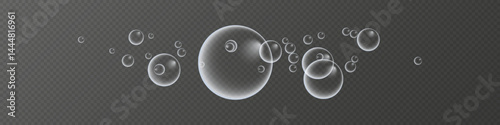 A set of colorful and colorful soap bubbles to create a design. Isolated, transparent, realistic soap bubbles on a transparent background.