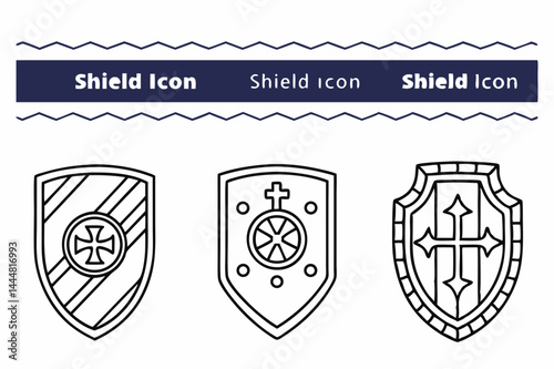 Medieval Shield Icons Set of Three Line Art Designs for Branding and Logos