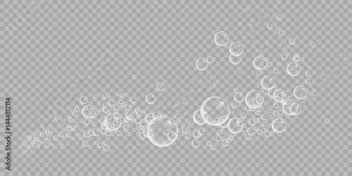 A set of colorful and colorful soap bubbles to create a design. Isolated, transparent, realistic soap bubbles on a transparent background.