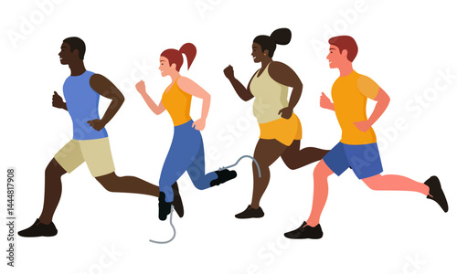 Different people run together. Workout. Flat style.