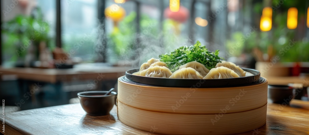 Steamed dumplings in a bamboo steamer, restaurant interior