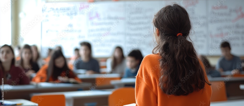 Student presents lesson, classroom background. Education