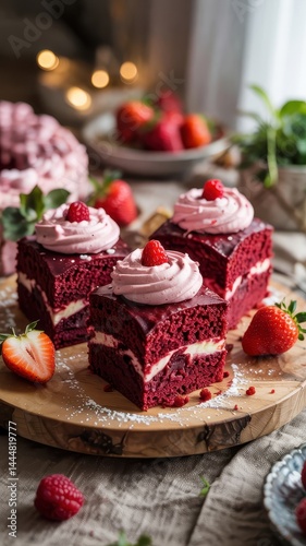 Wallpaper Mural Rustic red velvet cake squares with whipped topping and berries on wood plate Torontodigital.ca