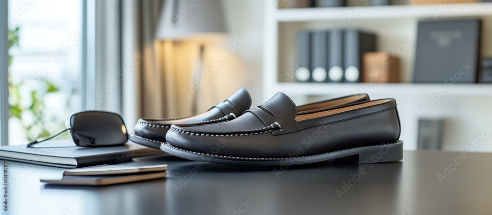 Stylish loafers on a desk in a modern office