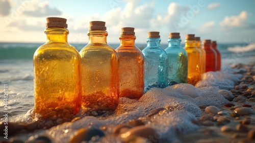 Vibrant glass bottles on the shoreline in the soft evening glow of the ocean