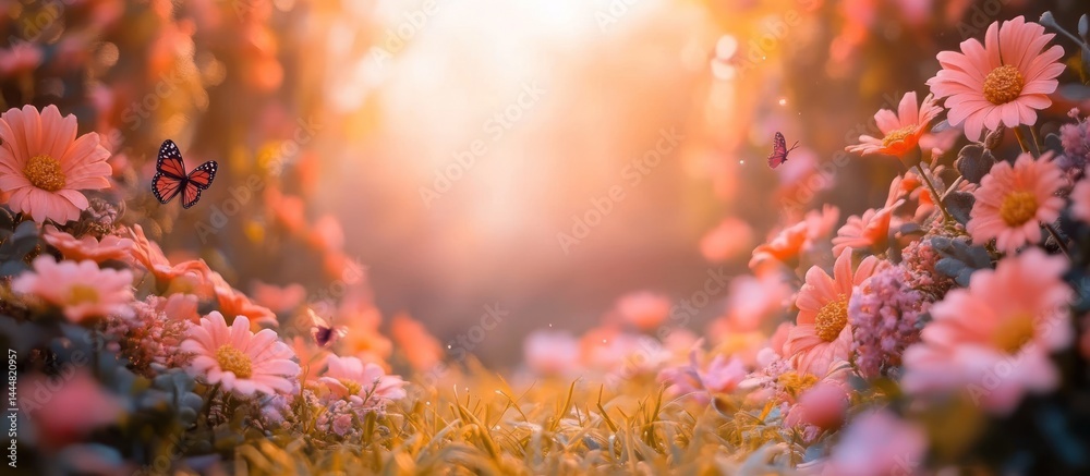 Sunlight through flowers, dreamy garden scene, perfect for a spring background