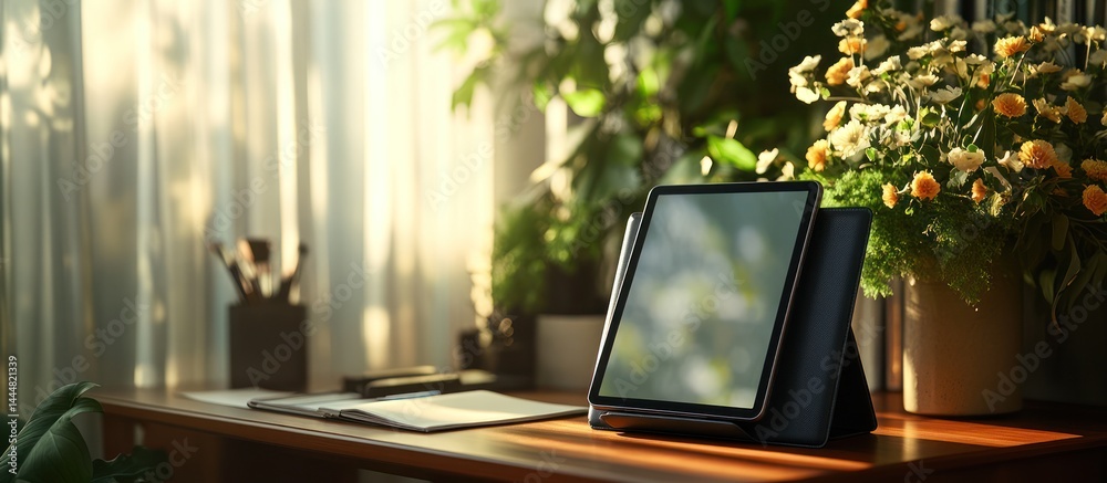 Sunlit desk, tablet, flowers, notebook, home office