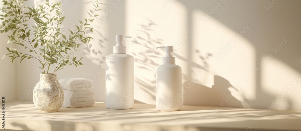 Sunny bathroom, lotion bottles, plant, towels.  Spa product display