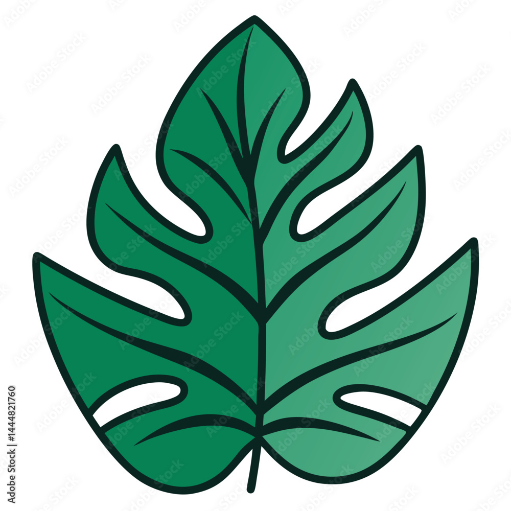 Stylized Monstera Leaf with Bold Green Gradient and Dark Outlines Stylized Monstera Leaf with Bold Green Gradient and Dark Outlines
