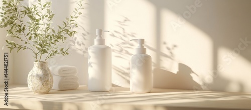 Obraz na płótnie Sunny bathroom, lotion bottles, plant, towels. Spa product display w salonie