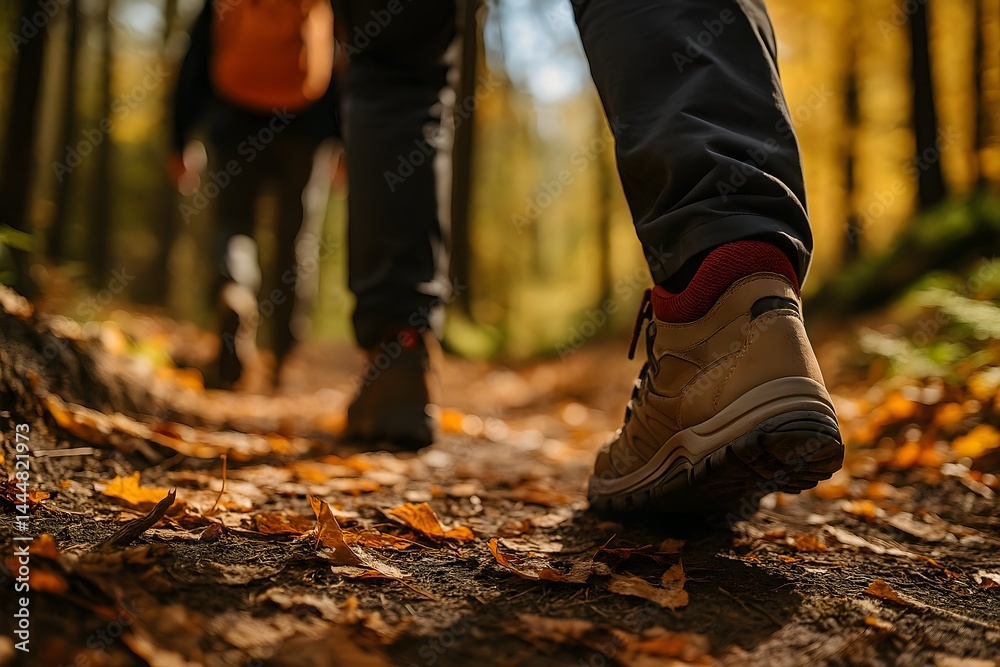 Close-up of hikers walking through autumn forest trail in boots, outdoor adventure and leisure hiking activity Close-up of hikers walking through autumn forest trail in boots, outdoor adventure and leisure hiking activity