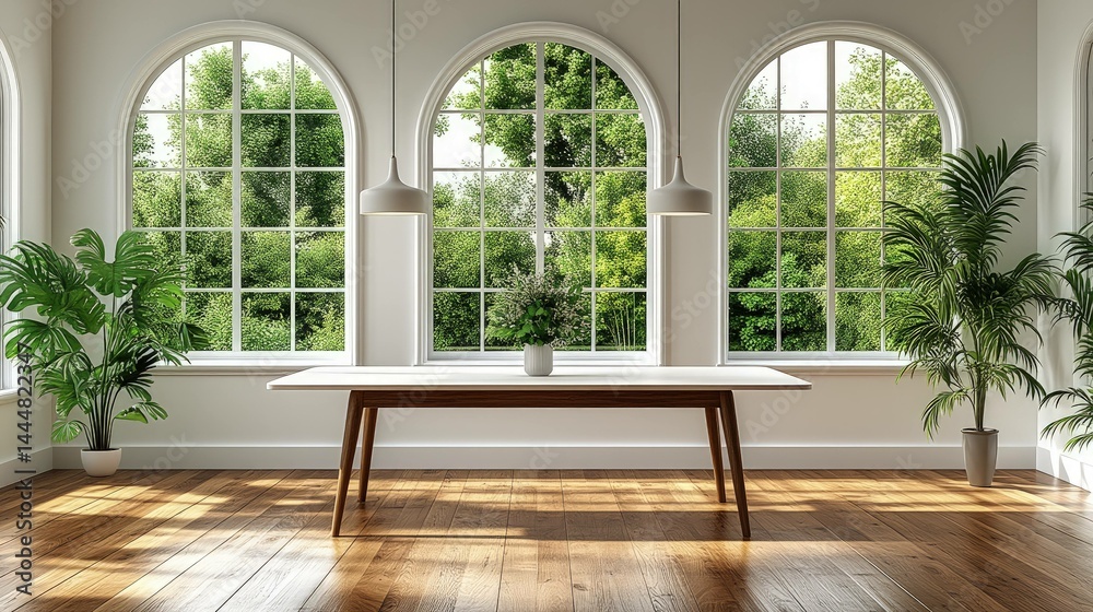 Light filled room with wooden bench and plants Light filled room with wooden bench and plants