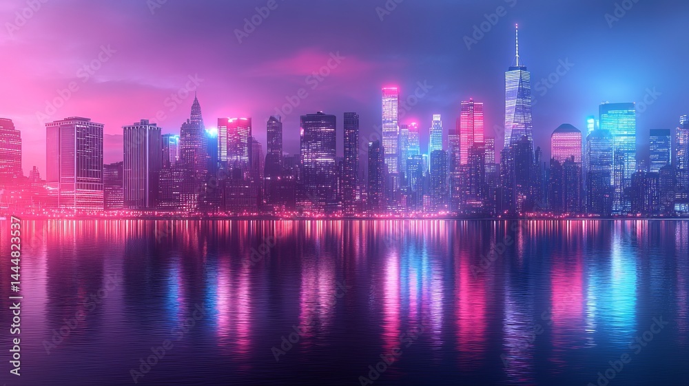 Fototapeta premium Vibrant City Skyline Silhouetted Against Bright Pink Sky at Dusk Creating a Dreamy Urban Atmosphere