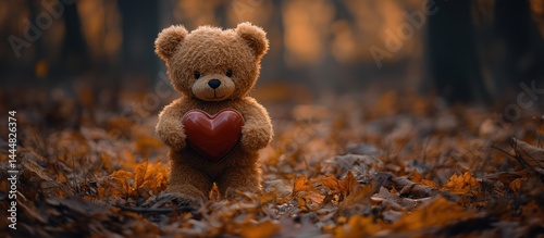 Teddy bear holding heart, autumn leaves, forest.  Romantic greeting card
