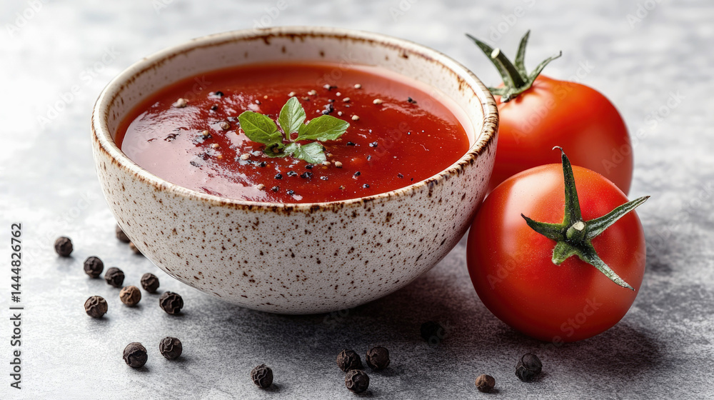 Bowl of tomato soup garnished with basil and pepper, surrounded by fresh tomatoes and black peppercorns on a textured gray surface, captured in soft natural light. Bowl of tomato soup garnished with basil and pepper, surrounded by fresh tomatoes and black peppercorns on a textured gray surface, captured in soft natural light.
