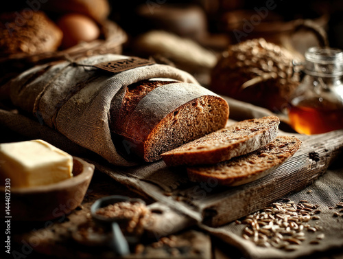 A rustic loaf of dark bread...