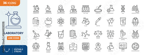 Laboratory line editable icon set. Containing experiment, test tube, microscope, flask, chemical, biology, research, lab and more. Editable stroke. Vector illustration