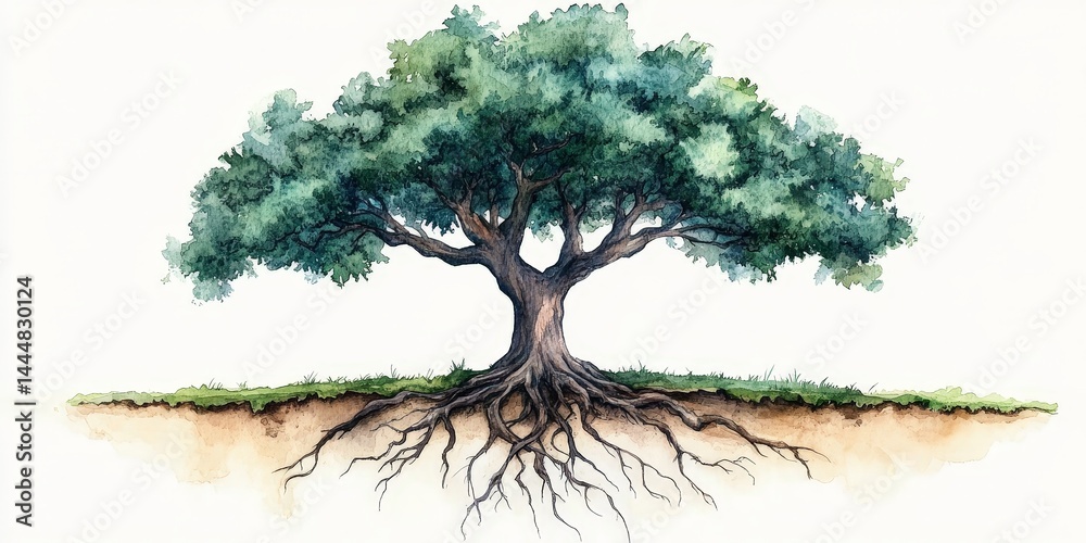 Symbolic Watercolor Tree with Visible Roots Representing Nature's Connection