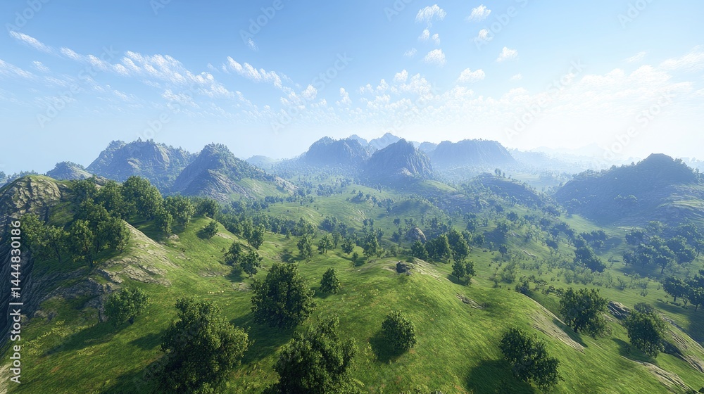 Fototapeta premium Serene Mountain Vista Lush Hills with Sunny Sky.