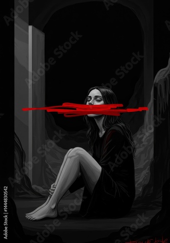 Silently suffering woman red censorship powerful artwork evocative monochrome dramatic