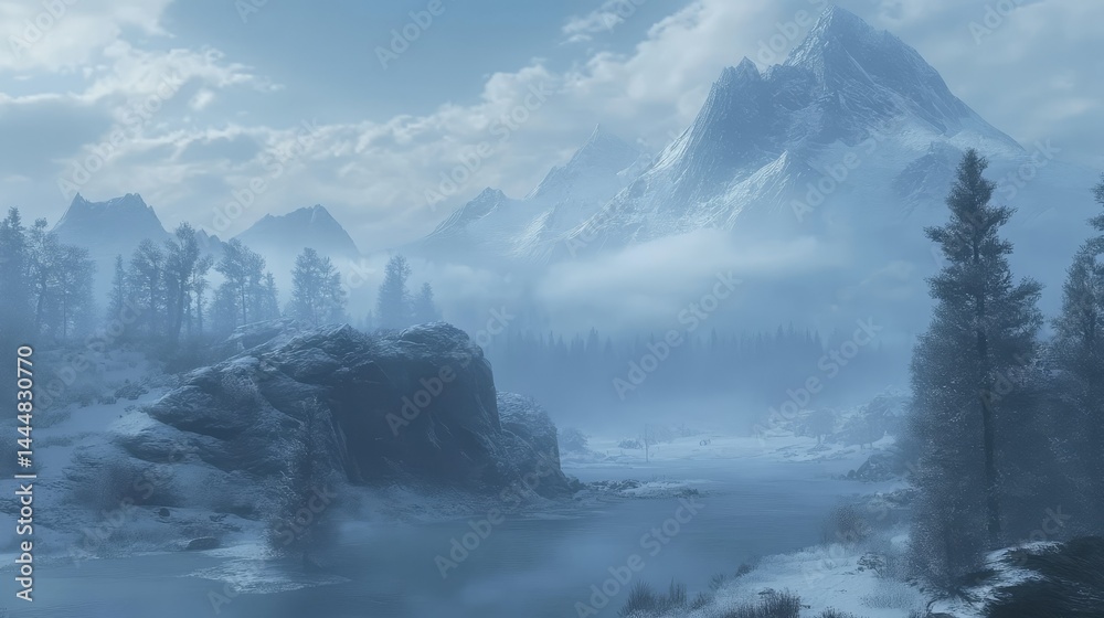 Fototapeta premium Serene Winter Landscape with Majestic Mountains, Snow-Covered Pines, and Reflective Lake Under Soft Blue Sky in a Tranquil Setting