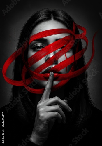 Mysterious woman red ribbons secrets untold captivating gaze