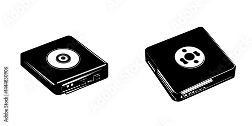 Silhouette pictogram icons of compact disc and gaming console, representing digital media technology and entertainment