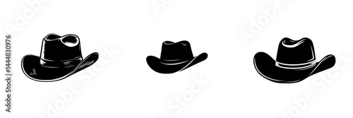 Silhouette pictograms illustrating different styles of cowboy hats in black on a white background