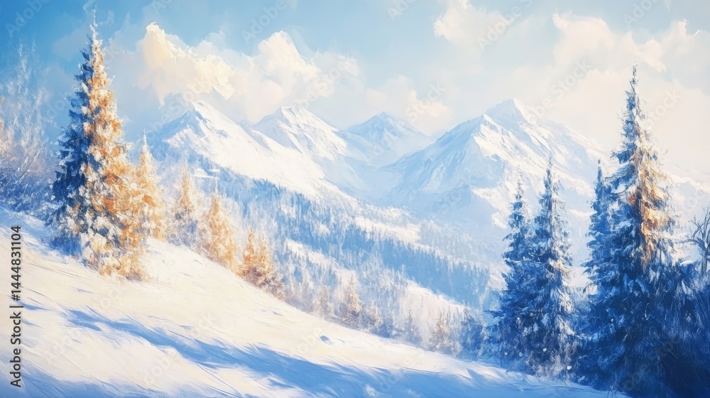 Fototapeta premium Winter mountain scene. Simple art with hills and trees. Use it to decorate your home with paintings or wallpaper.