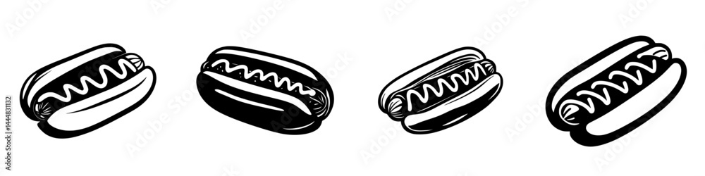 Collection of silhouette pictograms depicting various styles of hot dogs as isolated vector icons Collection of silhouette pictograms depicting various styles of hot dogs as isolated vector icons
