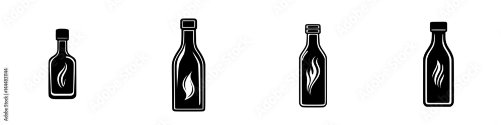 Silhouette pictograms of various bottle designs showcasing distinct flame motifs for creative graphic applications Silhouette pictograms of various bottle designs showcasing distinct flame motifs for creative graphic applications
