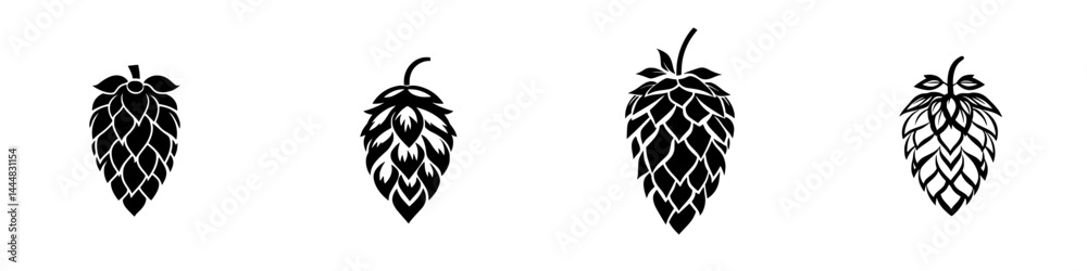 Obraz premium Isolated vector icons set featuring four different hop cone silhouettes for brewing and agriculture use