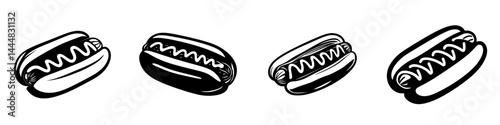 Collection of silhouette pictograms depicting various styles of hot dogs as isolated vector icons